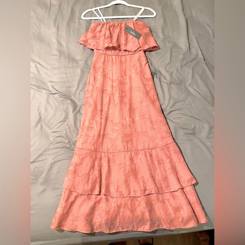 Lulus Rusty Rose Burnout Floral Strapless Midi Dress, size XS